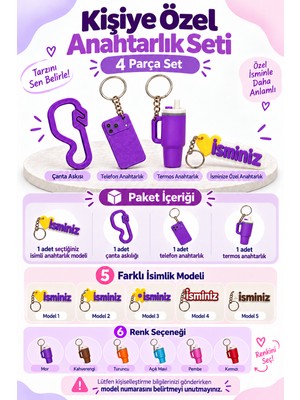 Tovo Craft Kişiye Özel Isimli 4 Parça Anahtarlık Seti Çanta Askısı Telefon ve Termos Anahtarlığı