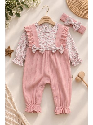 Dinamik çocuk Kız Bebek Çiçekli Fırfırlı Salopet Görünümlü Tek Parça Tulum + Bandanalı Fiyonklu 0-12 Aylık