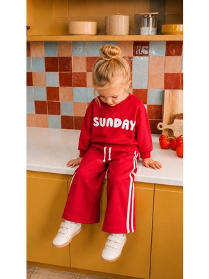 Elzo Collection Kız Çocuk Sunday Üst Baskılı  Sweatshirt 3 Iplik Kumaş Eşofman Alt Üst Takım