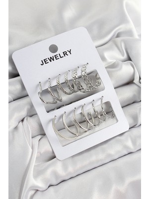 Pileli Store Pirinç Karışık Halka Model Gümüş Renk 6 Çift Kadın Küpe Set TJ-BKP10876