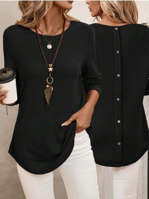 Adisia Kadın Uzun Kollu Yuvarlak Yaka Arkadan Düğmeli Waffle Bluz