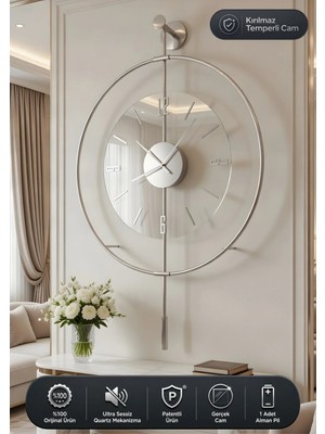 St. Morritz Gümüş Luxry Şefaf (Yeni Tamperli Kırılmaz Cam) - (50X75CM) Metal (Mobilya) Duvar Saati