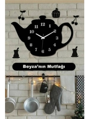 St. Morritz Demlik Tasarımlı Dekoratif Ahşap Mutfak Duvar Saati Kişiye Özel Büyük Boy 50X30CM