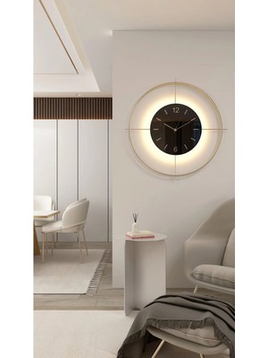 St. Morritz Büyük Boy (55*55 Cm) Gold Deluxe Ledli(Pilli) - Siyah Göbek - Modern Dekoratif Metal Duvar Saati