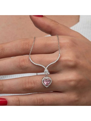 Pileli Store Gümüş Pembe Zirkon Taşlı Kalp Kadın Kolye