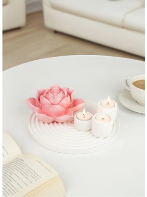 St. Morritz Dev Çiçekli Seri - Çizgili Tepsi Pembe Dev Lotus Çiçeği 3lu Beton Mumluk