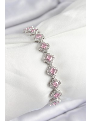 Pileli Store Pirinç Zirkon Taşlı Pembe Yonca Baget Model Gümüş Renk Vıp Seri Kadın Bileklik TJ-BB7505