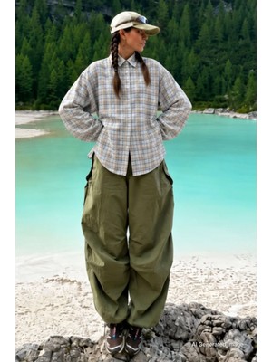 Madmext Mavi Ekose Desen Oversize Kadın Gömlek MG2900