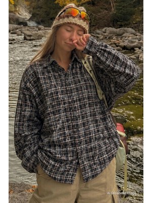 Madmext Camel Ekose Desen Oversize Kadın Gömlek MG2900