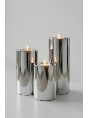 St. Morritz 3 Lü Silver Krom Parlak Yüzey Mumluk Dekoratif  Tealight Set Mum Abs Plastik Gümüş