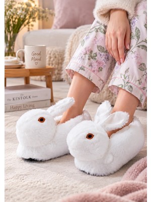 Slipcat Tavşan Figürlü Beyaz Peluş Panduf Unisex Yumuşak EVA Taban ile Rahat Kullanım