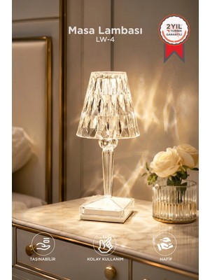 St. Morritz Abajur Kristal Elmas Masa Lambası LED Işıklı Şarjlı Dokunmatik Akrilik Gece Lambası Lw4