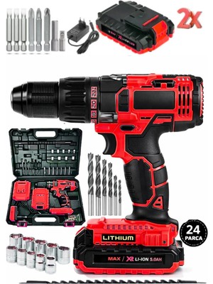 St. Morritz Pro Japan Seri 144 Vf 5 Ah Metal Şanzıman Çift Akülü Şarjlı Darbeli Matkap 24 Parça Akülü Vidalama
