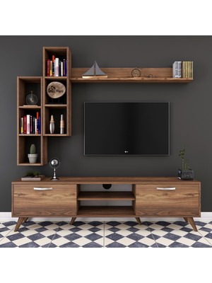 Rani A9 Duvar Raflı Tv Ünitesi Kitaplıklı Tv Sehpası Duvara Monte Raflı Modern Ayaklı 180 cm Minyatür Ceviz M16