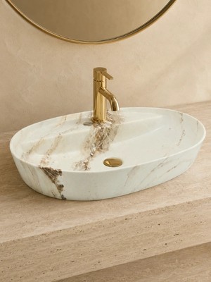 Yedi Yapı Beyaz Gold Mermer Desenli Tezgah Üstü Seramik Çanak Lavabo 60X42,5X15 cm