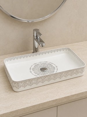 Yedi Yapı Beyaz Gold Desenli Tezgah Üstü Seramik Çanak Lavabo 60X35X11 cm