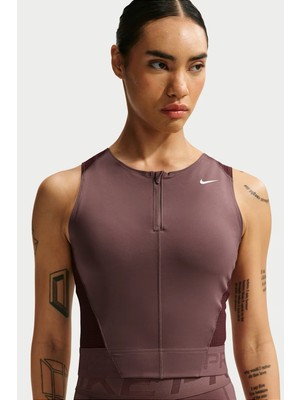 Nike Pro Women's Dri Fit Tank Top Çeyrek Fermuar Kadın Antreman Atleti Kahverengi