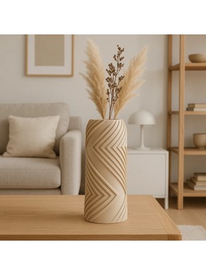 Dolozena 3D Baskı Vector Vazo - Geometrik Çizgili Dekoratif Vazo-Bej