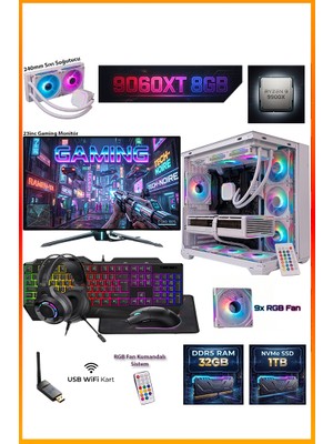 Comloji Ga-Deluxe White Rx 9060 Xt 8gb Ryzen 9 9900X 32GB Ddr5 1tb M.2 Sıvı Soğutmalı 23.8" Monitörlü Beyaz Masaüstü Oyuncu Bilgisayarı Seti