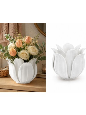 Dolozena 3D Baskı Lotus Yapraklı Vazo - Dekoratif Çiçeklik-Beyaz