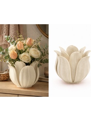 Dolozena 3D Baskı Lotus Yapraklı Vazo - Dekoratif Çiçeklik-Bej
