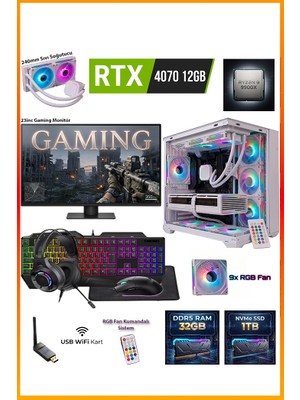 Comloji Ga-Deluxe White Rtx 4070 12GB Ryzen 9 9900X 32GB Ddr5 1tb M.2 Sıvı Soğutmalı 23.8" Monitörlü Beyaz Masaüstü Oyuncu Bilgisayarı Seti