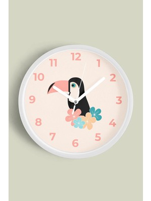 JHAAR Tropikal Tukan Kuşu Çocuk Odası Modern Duvar Saati - Orta Boyut 25 cm - Beyaz Kasa - Camlı Sessiz