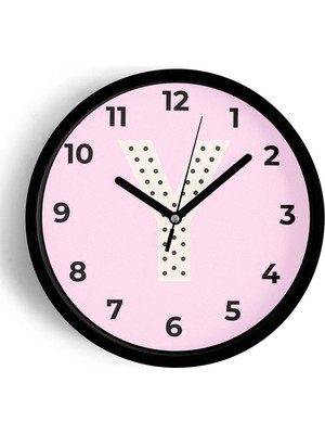 JHAAR Y Harfli Pembe Çocuk Odası Modern Duvar Saati - Orta Boyut 25 cm - Siyah Kasa - Camlı Sessiz