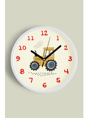 JHAAR Traktör Çocuk Odası Modern Duvar Saati - Orta Boyut 25 cm - Beyaz Kasa - Camlı Sessiz