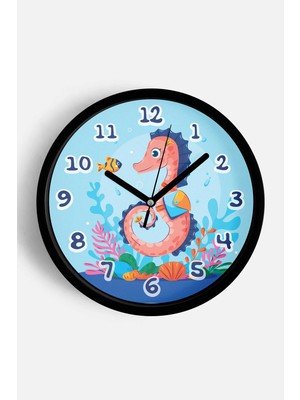 JHAAR Sevimli Denizatı Çocuk Odası Modern Duvar Saati - Orta Boyut 25 cm - Siyah Kasa - Camlı Sessiz