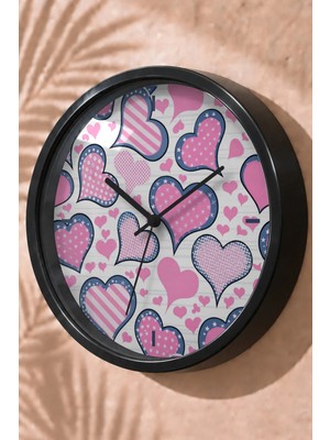 JHAAR Desenli Pembe Kalpler Temalı Çocuk Odası Modern Duvar Saati 25 cm Siyah Kasa Kırılmaz Camlı Sessiz