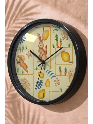 JHAAR Tavşan ve Havuç Figürlü Modern Duvar Saati - Orta Boyut 25 cm - Siyah Kasa - Camlı Sessiz