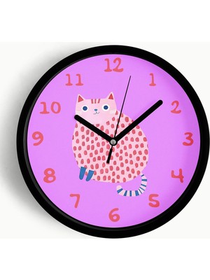 JHAAR Kedi Çocuk Odası Modern Duvar Saati - Orta Boyut 25 cm - Siyah Kasa - Camlı Sessiz