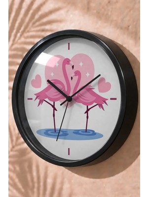 JHAAR Sevimli Pembe Flamingo Temalı Çocuk Odası Modern Duvar Saati 25 cm Siyah Kasa Kırılmaz Camlı Sessiz