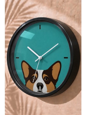 JHAAR Turkuaz Zeminde Köpek Temalı Çocuk Odası Modern Duvar Saati 25 cm Siyah Kasa Kırılmaz Camlı Sessiz