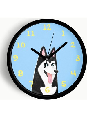 JHAAR Sevimli Husky Köpek Temalı Çocuk Odası Modern Duvar Saati 25 cm Siyah Kasa Kırılmaz Camlı Sessiz
