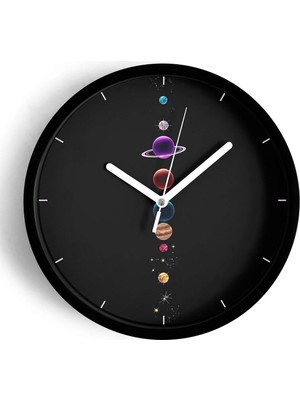 JHAAR Gezegenler Modern Duvar Saati - Orta Boyut 25 cm - Siyah Kasa - Camlı Sessiz