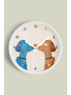 JHAAR Burun Buruna Köpekler Temalı Çocuk Odası Modern Duvar Saati 25 cm Beyaz Kasa Kırılmaz Camlı Sessiz
