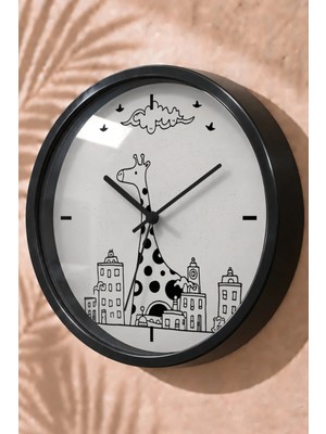 JHAAR Siyah Beyaz Zürafa ve Şehir Modern Duvar Saati - Orta Boyut 25 cm - Siyah Kasa - Camlı Sessiz