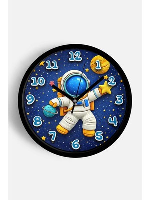 JHAAR Yıldızlı Uzay ve Astronot Çocuk Odası Modern Duvar Saati - Orta Boyut 25 cm - Siyah - Camlı Sessiz