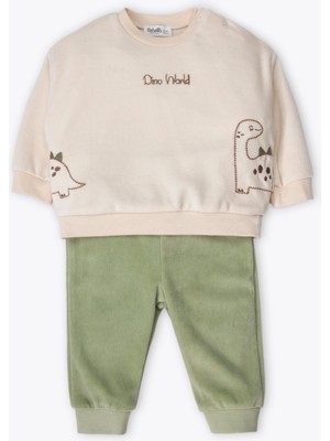 Bebetto Kadife Patiksiz Pantolon 2li Takım (Cute Dıno) Bej