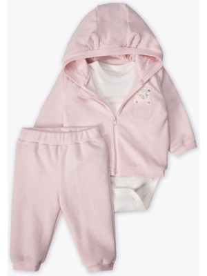 Bebetto Kadife Kapşonlu Hırka 3lü Takım (Happy Wıth Mommy) Pembe