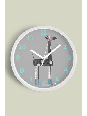 JHAAR Sevimli Zürafa Çizimli Çocuk Odası Modern Duvar Saati - Orta Boyut 25 cm - Beyaz Kasa - Camlı Sessiz