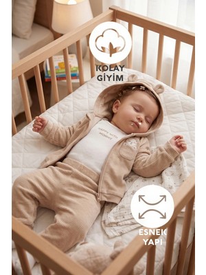 Bebetto Kadife Kapşonlu Hırka 3lü Takım (Happy Wıth Mommy) Bej