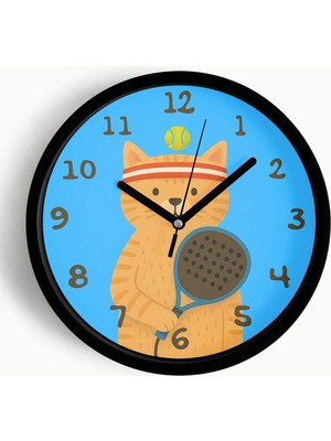 JHAAR Tenisçi Kedi Çocuk Odası Modern Duvar Saati - Orta Boyut 25 cm - Siyah Kasa - Camlı Sessiz