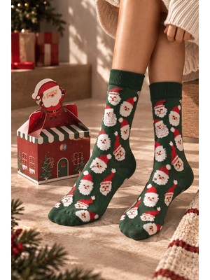 Bony Socks Unisex Noel Baba Kutulu Pamuklu Soket Çorap Yeşil