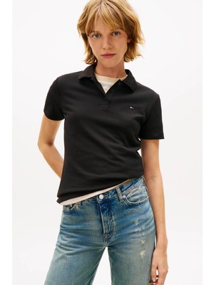 Tommy Jeans Polo Yaka Siyah Kadın T-Shirt DW0DW20160BDS
