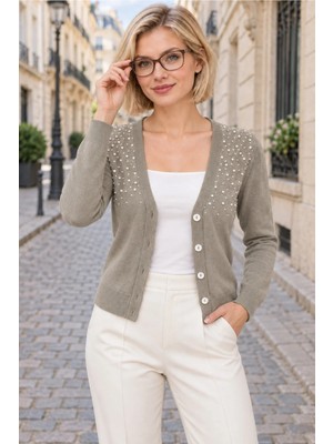 AQE FASHION Kadın Uzun Kollu V Yaka Inci Boncuk Işlemeli Düğmeli Bel Boy Şık Yumuşak Günlük Vizon Triko Hırka