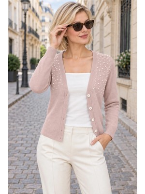 AQE FASHION Kadın Uzun Kollu V Yaka Inci Boncuk Işlemeli Düğmeli Bel Boy Şık Yumuşak Günlük Pudra Triko Hırka