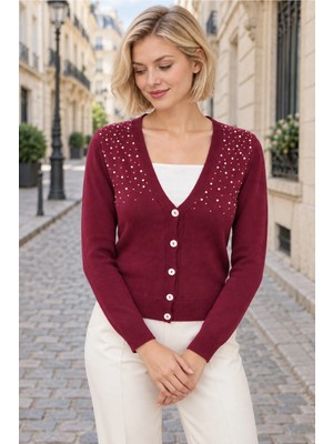 AQE FASHION Kadın Uzun Kollu V Yaka Inci Boncuk Işlemeli Düğmeli Bel Boy Şık Yumuşak Günlük Bordo Triko Hırka